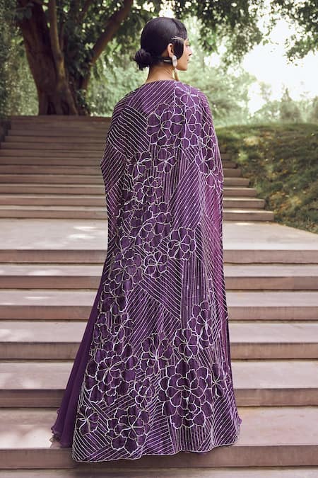Shop Charu And Vasundhara Purple Blouse Tussar, Kimono Paper Silk, Skirt Organza Rahila Set With at Aza Fashions Shop_Charu And Vasundhara_Purple Blouse Tussar, Kimono Paper Silk, Skirt Organza Rahila Set With _at_Aza_Fashions