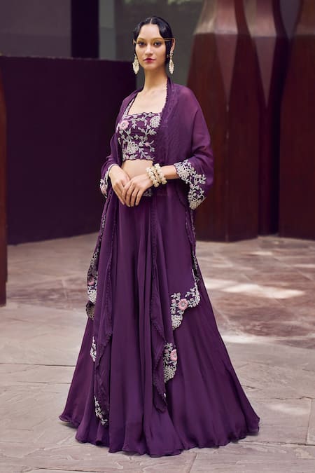 Charu And Vasundhara_Purple Blouse Tussar Skirt And Cape Organza Ryley Embroidered Lehenga & Set_Online_at_Aza_Fashions