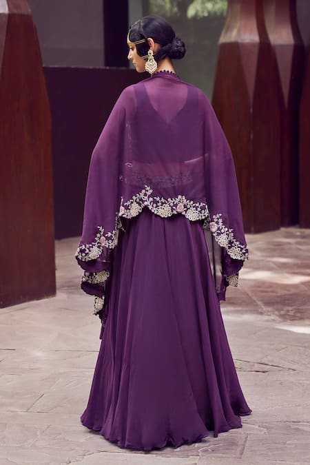 Buy_Charu And Vasundhara_Purple Blouse Tussar Skirt And Cape Organza Ryley Embroidered Lehenga & Set_Online_at_Aza_Fashions