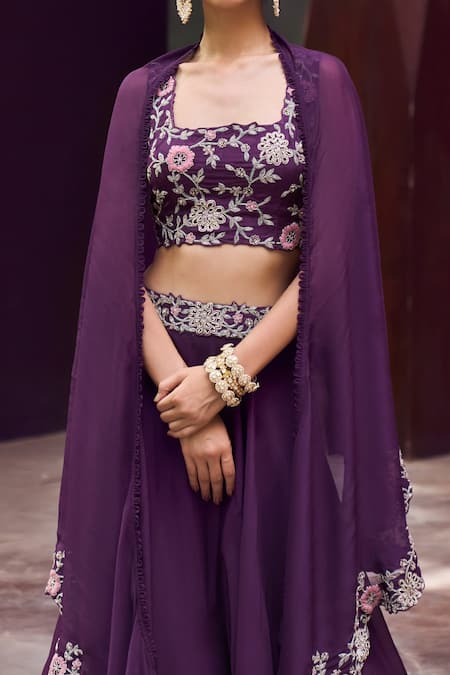 Shop_Charu And Vasundhara_Purple Blouse Tussar Skirt And Cape Organza Ryley Embroidered Lehenga & Set_Online_at_Aza_Fashions