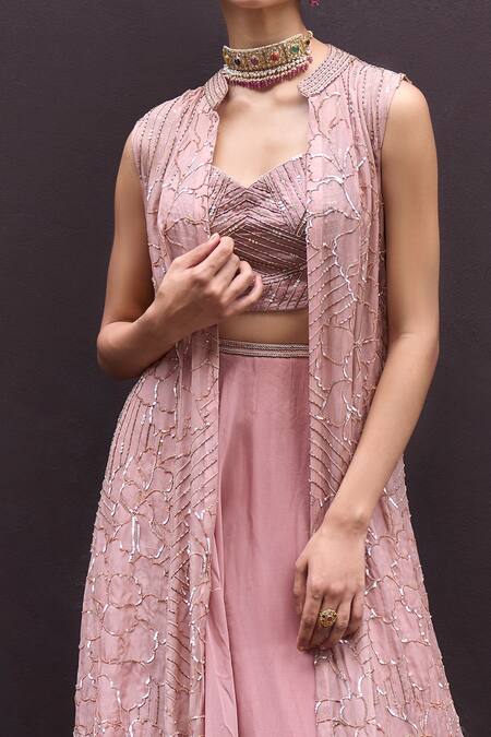 Charu And Vasundhara_Pink Blouse Tussar, Skirt And Jacket Organza Floral & Rosemarie Set With_Online_at_Aza_Fashions