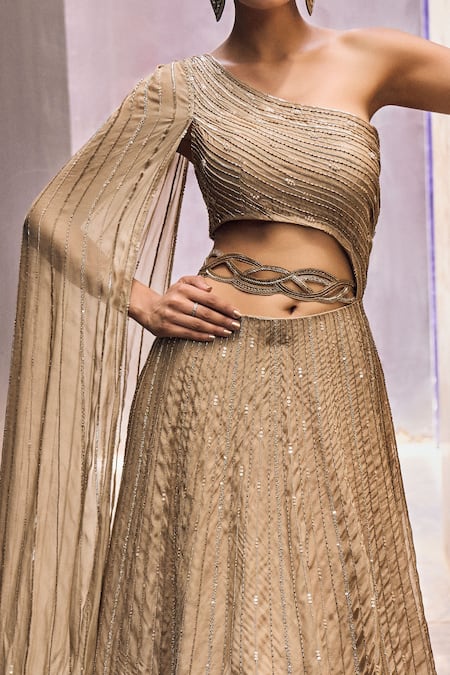 Shop_Charu And Vasundhara_Beige Organza Geometric Motifs One Shoulder Racheal Draped Gown _Online_at_Aza_Fashions