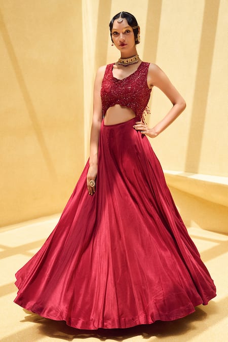 Charu and Vasundhara Red Tussar Embroidered Floral Motifs V Neck Rebacca Gown 