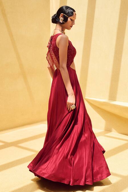 Charu And Vasundhara Red Tussar Floral Motifs V Neck Rebacca Embroidered Gown Online at Aza Fashions Charu And Vasundhara_Red Tussar Floral Motifs V Neck Rebacca Embroidered Gown _Online_at_Aza_Fashions