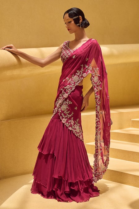 Charu And Vasundhara_Pink Blouse Tussar, Palla Organza, Saree Chiffon Ramena Pre-draped With_Online_at_Aza_Fashions