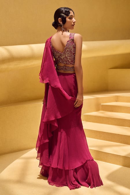 Charu And Vasundhara Ruhani Pre-Draped Saree With Blouse 