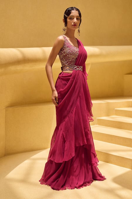 Charu And Vasundhara_Pink Blouse Tussar, Saree Chiffon Floral Motifs Scoop Ruhani Pre-draped With _Online_at_Aza_Fashions