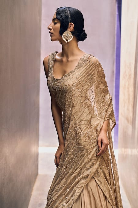 Charu And Vasundhara_Beige Blouse Tussar, Saree Organza Floral Motifs Regan Draped Lehenga With _Online_at_Aza_Fashions
