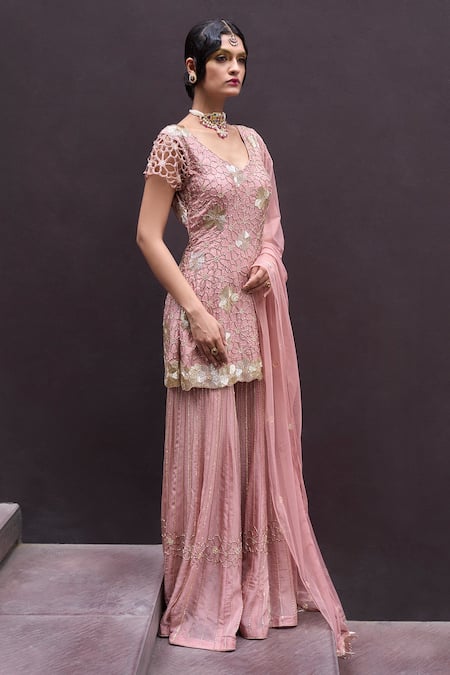 Charu and Vasundhara Pink Kurta Tussar Embroidered Floral And Geometric Motifs Renafa Sharara Set 