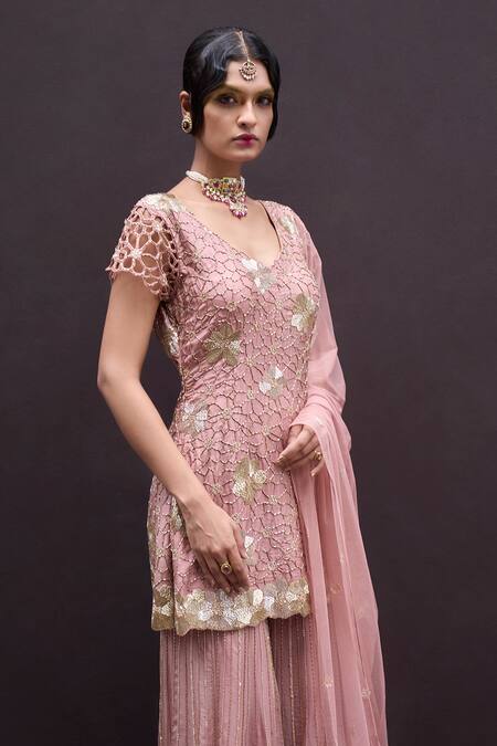 Charu And Vasundhara_Pink Dupatta Net, Kurta Tussar, Sharara Organza Renafa Embroidered Set_Online_at_Aza_Fashions