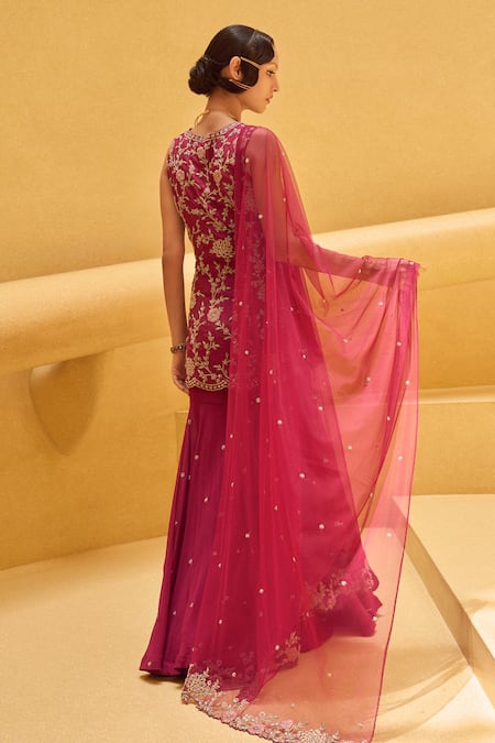 Charu And Vasundhara_Pink Dupatta Net, Kurta Tussar, Sharara Georgette Reshma Embroidered Set_Online_at_Aza_Fashions