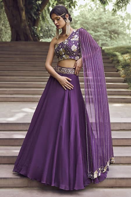 Charu And Vasundhara_Purple Blouse Tussar, Skirt And Drape Organza Floral & Geometric Rida & Set_Online_at_Aza_Fashions