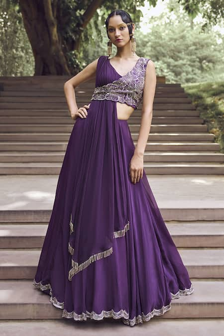 Charu and Vasundhara Purple Blouse Tussar Embroidered Floral Rupanzel Draped Jacket And Lehenga Set 