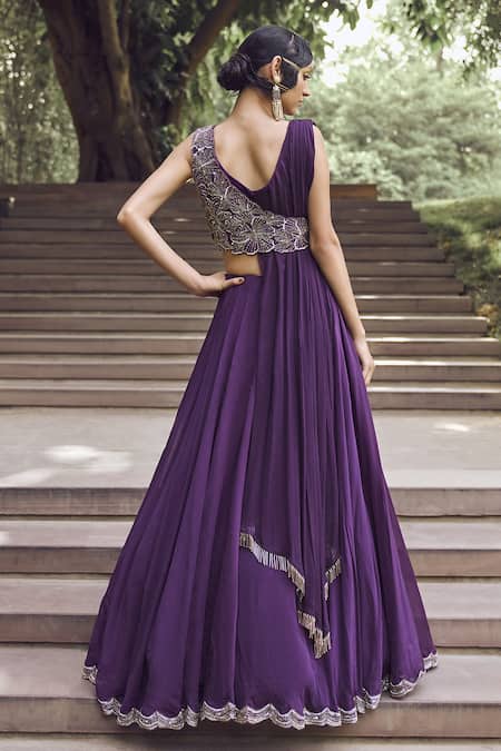 Shop Charu And Vasundhara Purple Blouse Tussar, Drape Chiffon, Lehenga Organza Rupanzel Jacket And Set at Aza Fashions Shop_Charu And Vasundhara_Purple Blouse Tussar, Drape Chiffon, Lehenga Organza Rupanzel Jacket And Set _at_Aza_Fashions