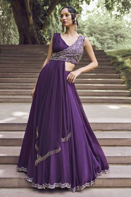 Charu And Vasundhara Purple Blouse Tussar, Drape Chiffon, Lehenga Organza Rupanzel Jacket And Set Online at Aza Fashions Charu And Vasundhara_Purple Blouse Tussar, Drape Chiffon, Lehenga Organza Rupanzel Jacket And Set _Online_at_Aza_Fashions