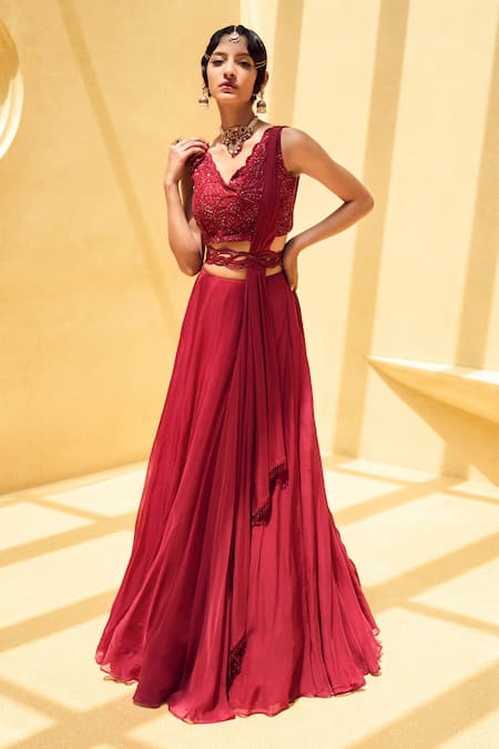 Charu and Vasundhara Rose Organza Lehenga Set 
