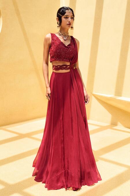 Charu And Vasundhara_Red Blouse And Lehenga Organza, Dupatta Paper Silk Floral Motifs V Rose Set _Online_at_Aza_Fashions