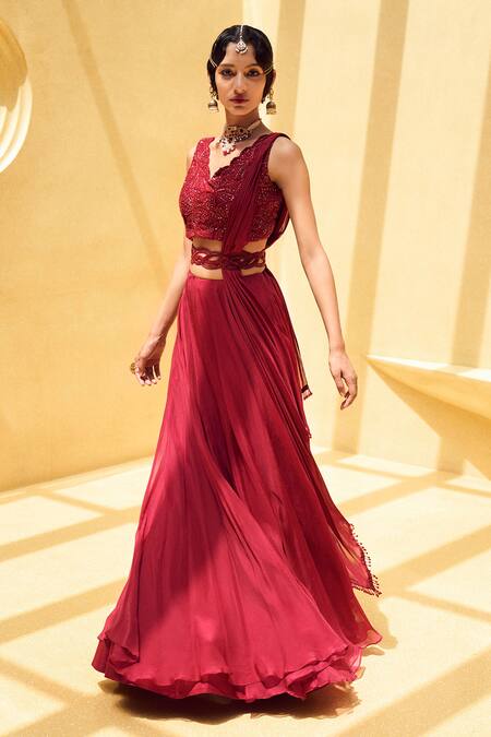 Buy_Charu And Vasundhara_Red Blouse And Lehenga Organza, Dupatta Paper Silk Floral Motifs V Rose Set _Online_at_Aza_Fashions