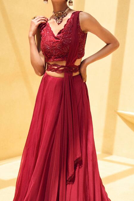Charu And Vasundhara_Red Blouse And Lehenga Organza, Dupatta Paper Silk Floral Motifs V Rose Set _at_Aza_Fashions