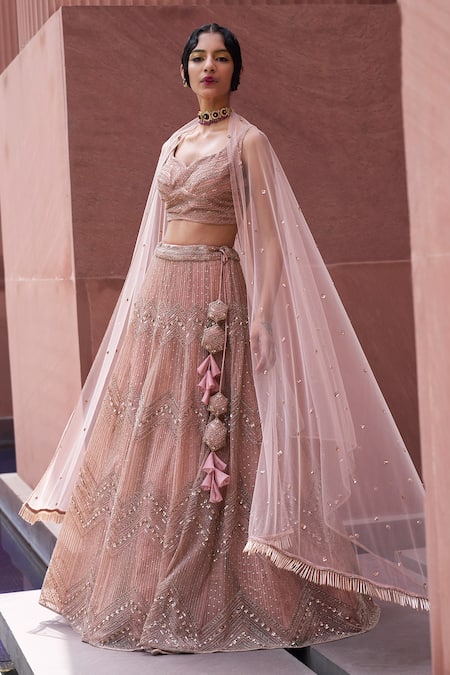 Charu And Vasundhara Pink Net Chevron Pattern Rifka Geometric Embroidered Bridal Lehenga Set