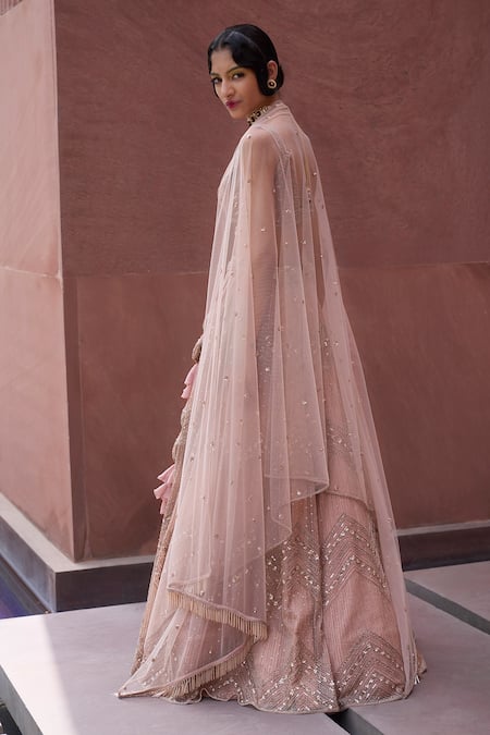 Shop Charu And Vasundhara Pink Net Chevron Pattern Rifka Geometric Embroidered Bridal Lehenga Set at Aza Fashions Shop_Charu And Vasundhara_Pink Net Chevron Pattern Rifka Geometric Embroidered Bridal Lehenga Set _at_Aza_Fashions
