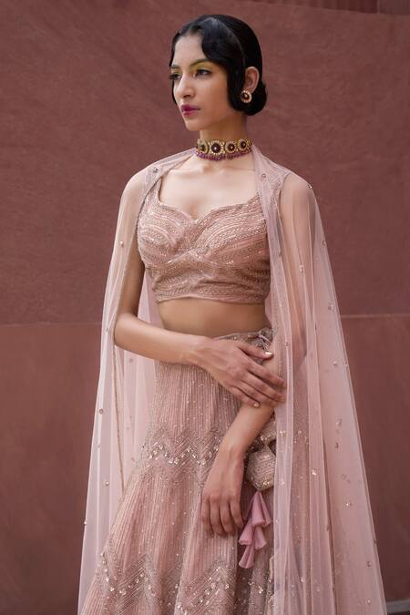 Charu And Vasundhara Pink Net Chevron Pattern Rifka Geometric Embroidered Bridal Lehenga Set Online at Aza Fashions Charu And Vasundhara_Pink Net Chevron Pattern Rifka Geometric Embroidered Bridal Lehenga Set _Online_at_Aza_Fashions