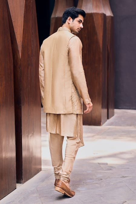 Shop_Charu And Vasundhara_Beige Bundi And Kurta Bamberg, Churidar Cotton Silk Floral Motifs Rahil & Set _at_Aza_Fashions