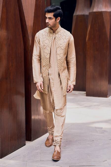 Charu And Vasundhara_Beige Bundi And Kurta Bamberg, Churidar Cotton Silk Floral Motifs Rahil & Set _Online_at_Aza_Fashions