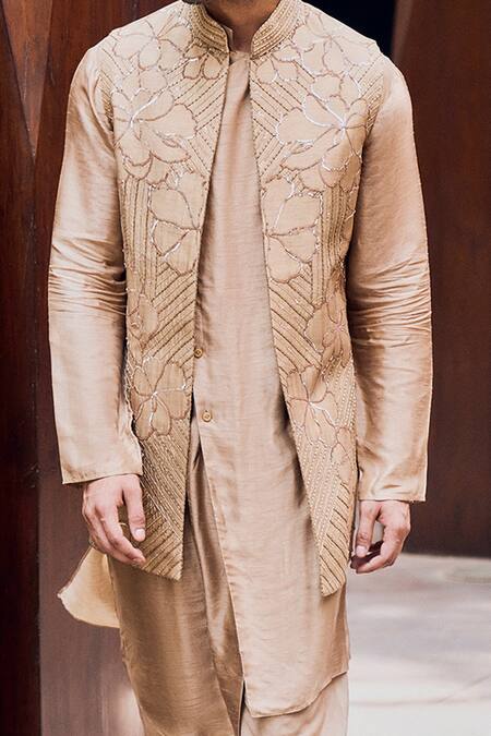 Buy_Charu And Vasundhara_Beige Bundi And Kurta Bamberg, Churidar Cotton Silk Floral Motifs Rahil & Set _Online_at_Aza_Fashions