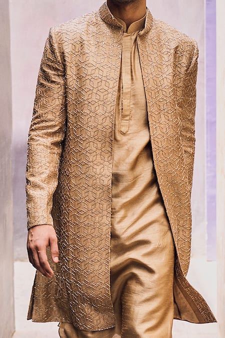 Charu And Vasundhara_Beige Jacket And Kurta Bamberg, Pant Cotton Satin Rafeal Embroidered & Set _Online_at_Aza_Fashions