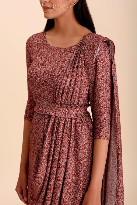 Buy_Pasha India_Red Rayon Slub Floral Motifs Round Dhruva Pre-draped Saree Dress_Online_at_Aza_Fashions