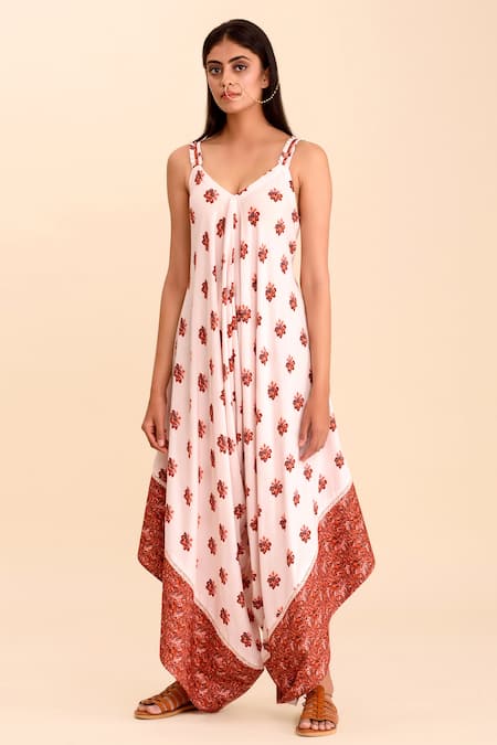Pasha India Pink Rayon Slub Printed Floral Motifs V Neck Gulaal Palazzo Jumpsuit 