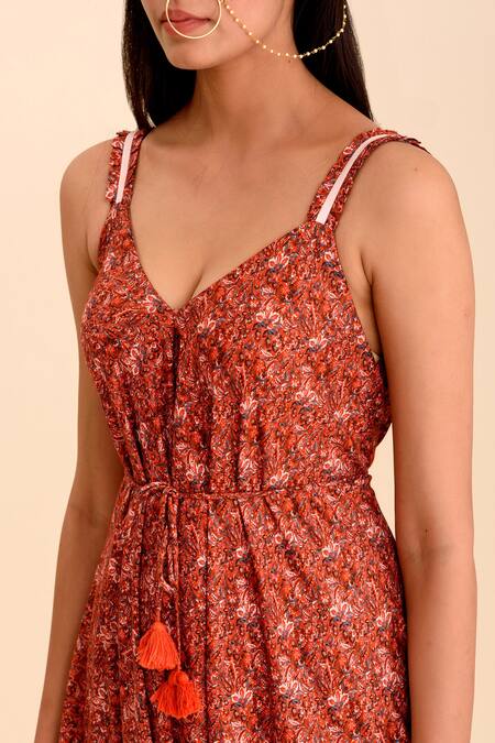 Shop Pasha India Red Rayon Slub Floral Motifs V Neck Sargun Palazzo Jumpsuit at Aza Fashions Shop_Pasha India_Red Rayon Slub Floral Motifs V Neck Sargun Palazzo Jumpsuit_at_Aza_Fashions