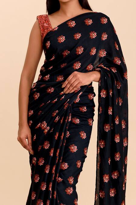 Shop_Pasha India_Blue Rayon Slub Printed Floral Motifs Maya Saree _at_Aza_Fashions