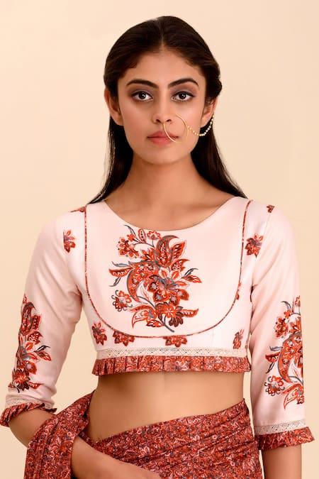 Pasha India Pink Rayon Slub Printed Floral Motifs Round Komal Crop Top