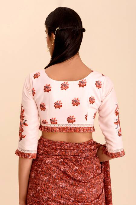 Shop Pasha India Pink Rayon Slub Printed Floral Motifs Round Komal Crop Top at Aza Fashions Shop_Pasha India_Pink Rayon Slub Printed Floral Motifs Round Komal Crop Top_at_Aza_Fashions