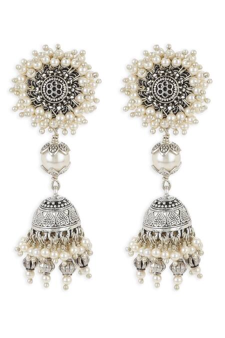 Heer-House Of Jewellery Silver Plated Pearls Droplet Jhumkas