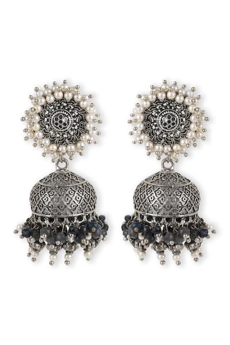 Heer-House Of Jewellery Silver Plated Stones Pearl Carved Jhumkas