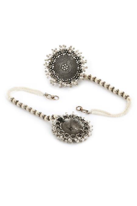 Heer-House Of Jewellery_Silver Plated Stones Pearl And Jade Beaded Jhumkas_Online_at_Aza_Fashions