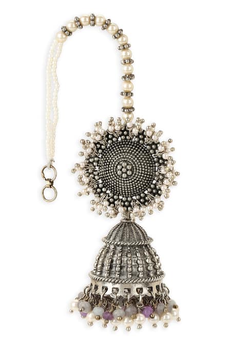 Shop_Heer-House Of Jewellery_Silver Plated Stones Pearl And Jade Beaded Jhumkas_Online_at_Aza_Fashions