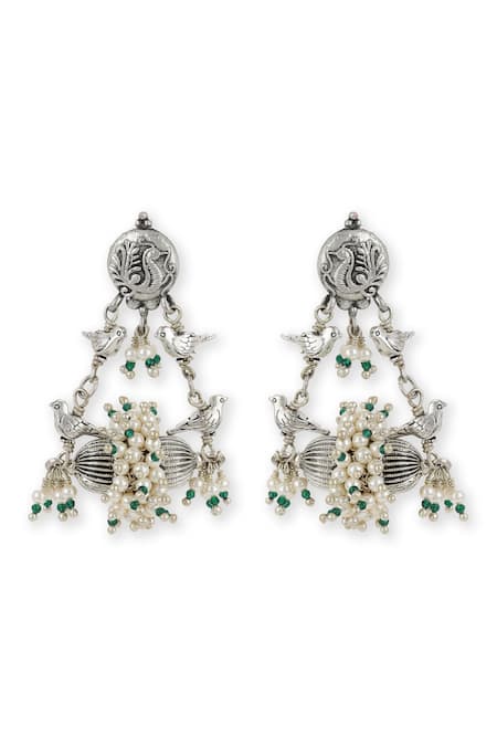 Heer-House Of Jewellery Silver Plated Pearls Humming Bird Carved Earrings
