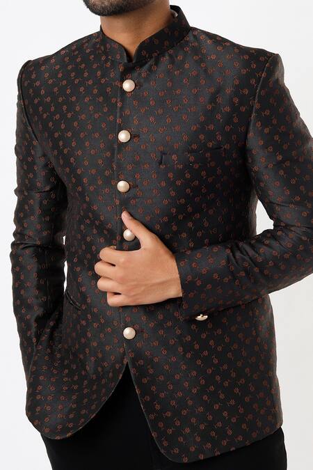 Nero By Shaifali And Satya_Black Jacquard Floral Motifs Bandhgala And Pant Set_Online_at_Aza_Fashions