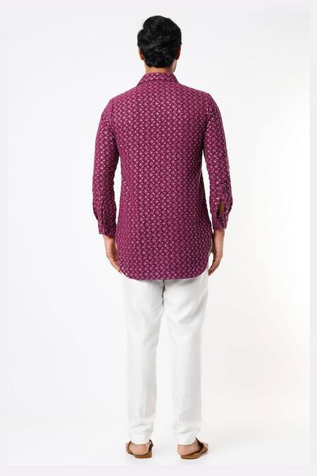 Shop_Nero By Shaifali And Satya_Purple Lucknowi Fabric Chikankari Shirt Style Kurta Set_at_Aza_Fashions