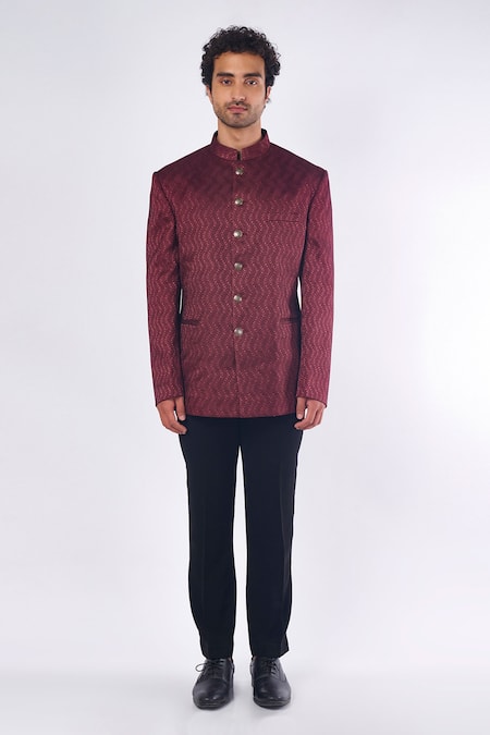 Nero by Shaifali and Satya Maroon Jacquard Woven Abstract Wavy Motifs Bandhgala And Pant Set