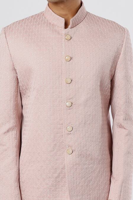 Nero by Shaifali and Satya_Pink Jacquard Geometric Motifs Bandhgala Set _Online_at_Aza_Fashions