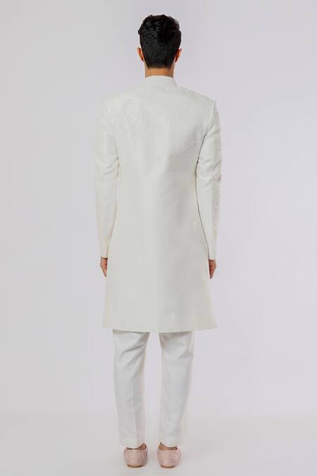 Shop_Nero By Shaifali And Satya_White Raw Silk Floral Motifs Embroidered Sherwani Set _at_Aza_Fashions