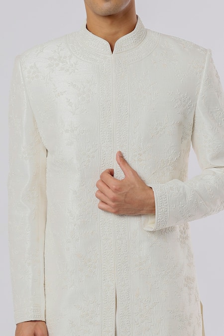 Nero By Shaifali And Satya_White Raw Silk Floral Motifs Embroidered Sherwani Set _Online_at_Aza_Fashions