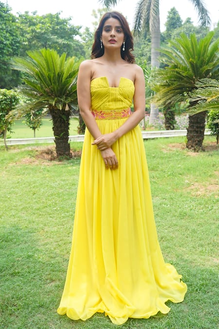 Shop_Laxmishriali_Yellow Georgette Jewel One Shoulder Draped Gown _at_Aza_Fashions