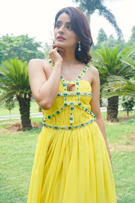 Buy_Laxmishriali_Yellow Georgette Jewel One Shoulder Draped Gown _Online_at_Aza_Fashions
