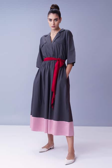 House Of Behram Grey 100% Mercerised Cotton And Italian Satin Plain Colorblock Trench Dress 